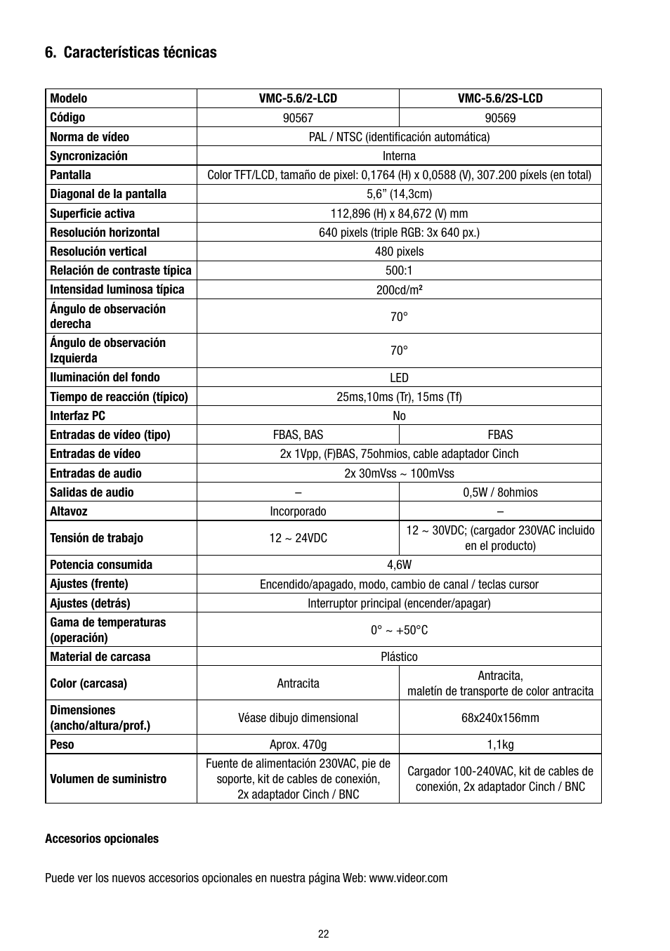 Características técnicas | Eneo VMC-5.6/2S-LCD User Manual | Page 22 / 24