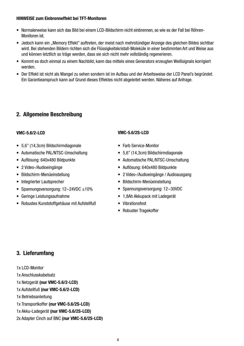 Lieferumfang, Allgemeine beschreibung | Eneo VMC-5.6/2S-LCD User Manual | Page 4 / 24