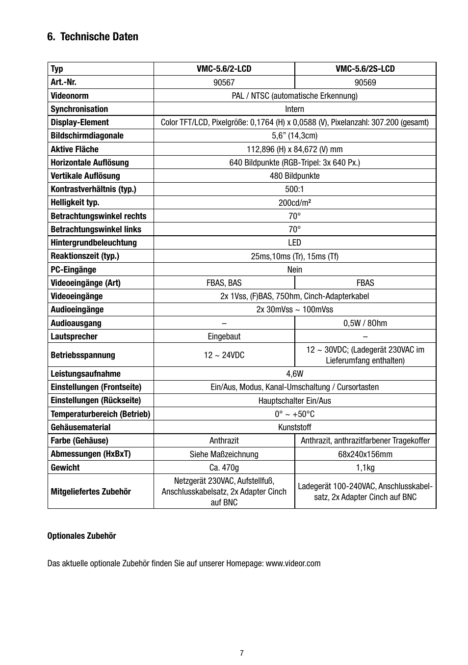 Technische daten | Eneo VMC-5.6/2S-LCD User Manual | Page 7 / 24