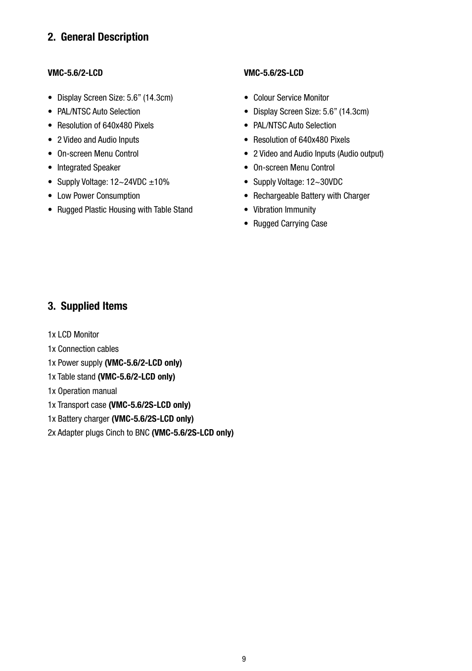 Supplied items, General description | Eneo VMC-5.6/2S-LCD User Manual | Page 9 / 24