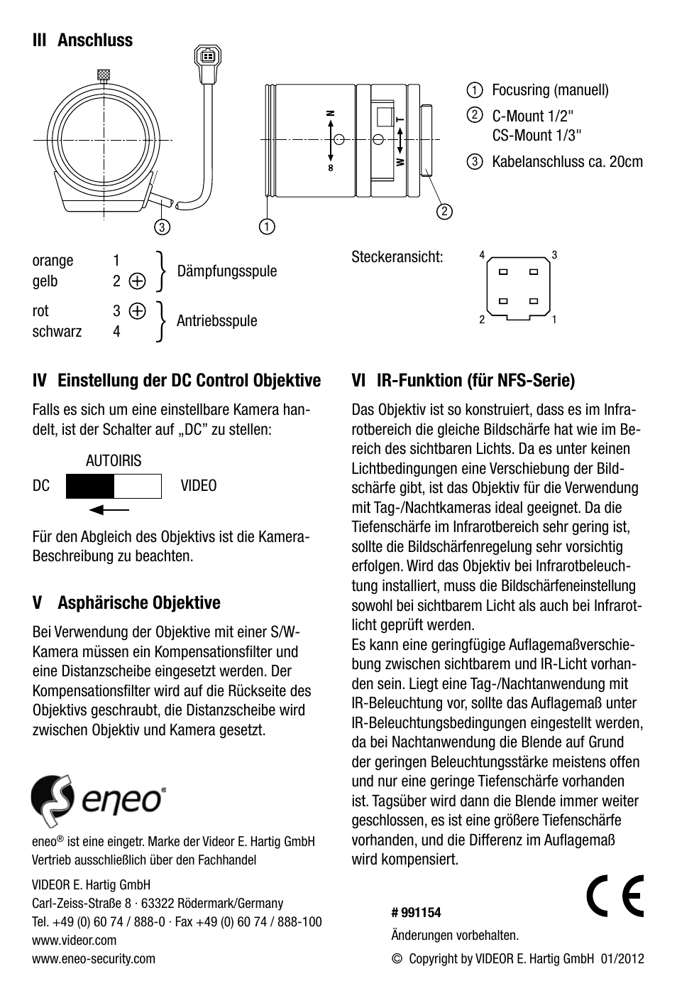 Iii anschluss v asphärische objektive, Iv einstellung der dc control objektive, Vi ir-funktion (für nfs-serie) | Eneo F03Z06NDDC-MP User Manual | Page 2 / 8