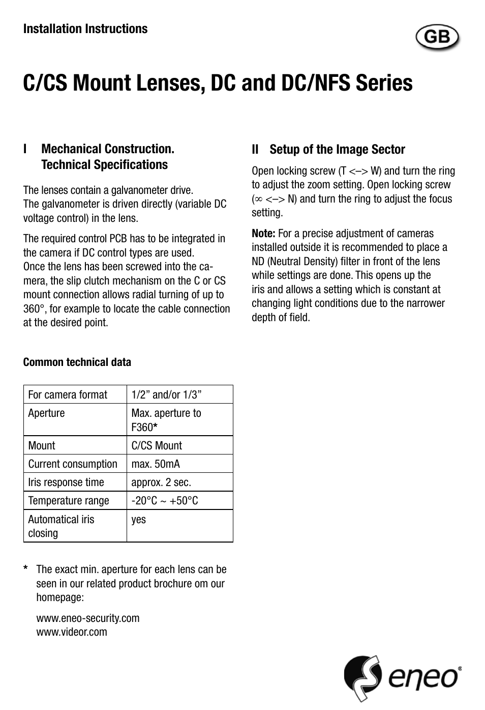 C/cs mount lenses, dc and dc/nfs series | Eneo F03Z06NDDC-MP User Manual | Page 3 / 8