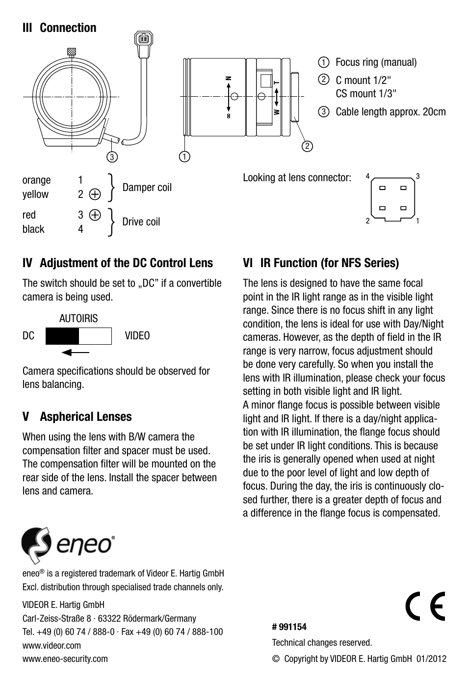 Iii connection v aspherical lenses, Iv adjustment of the dc control lens, Vi ir function (for nfs series) | Eneo F03Z06NDDC-MP User Manual | Page 4 / 8