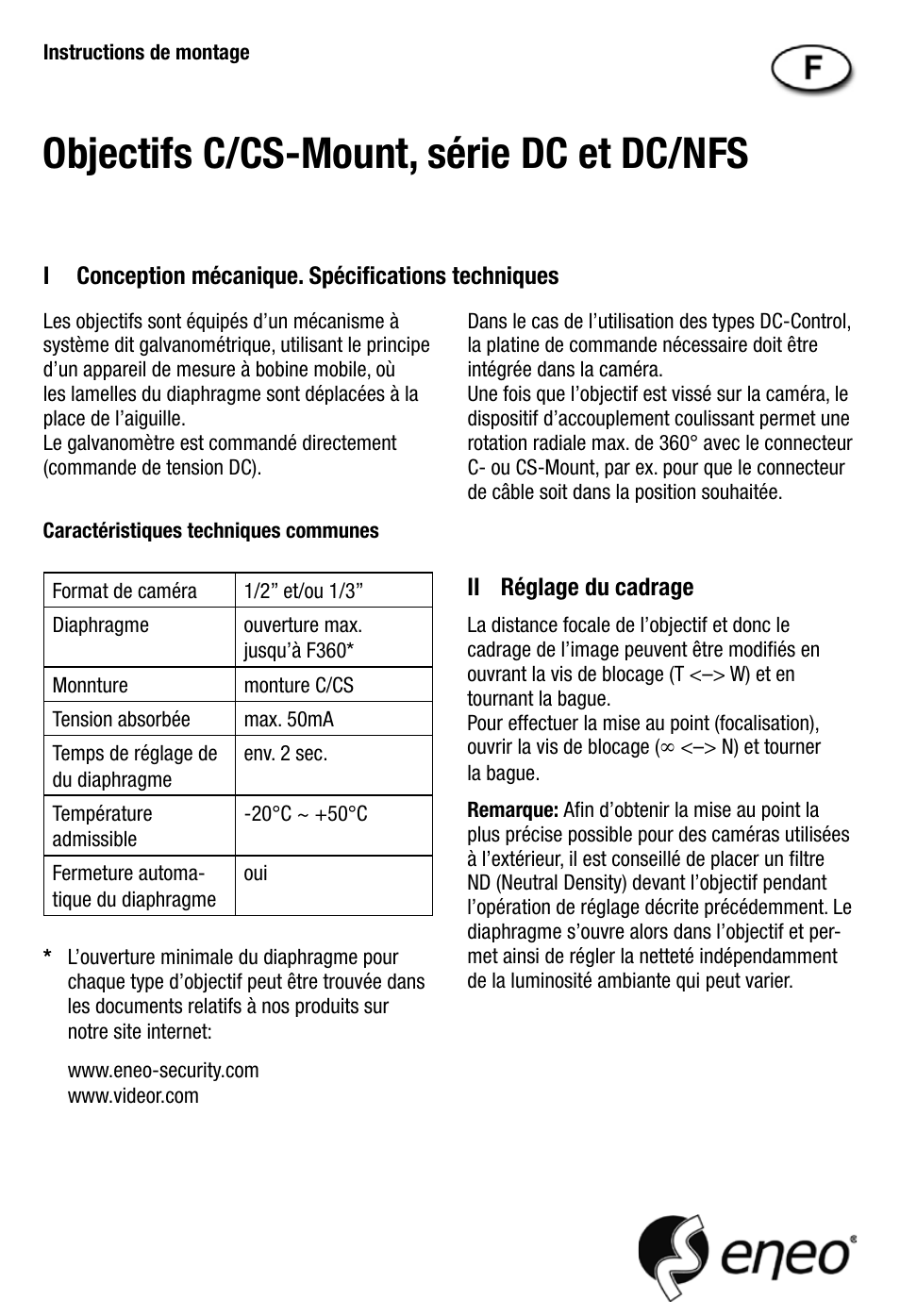 Objectifs c/cs-mount, série dc et dc/nfs | Eneo F03Z06NDDC-MP User Manual | Page 5 / 8
