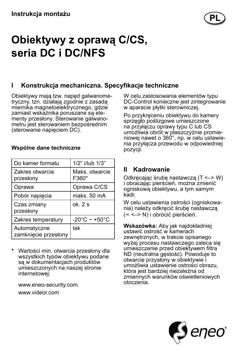 Obiektywy z oprawą c/cs, seria dc i dc/nfs | Eneo F03Z06NDDC-MP User Manual | Page 7 / 8