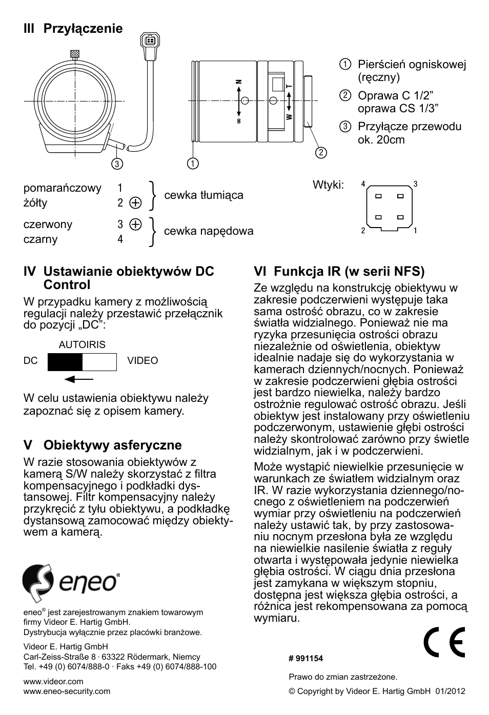Iii przyłączenie v obiektywy asferyczne, Iv ustawianie obiektywów dc control, Vi funkcja ir (w serii nfs) | Eneo F03Z06NDDC-MP User Manual | Page 8 / 8