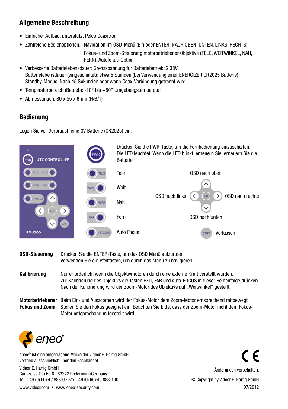 Allgemeine beschreibung, Bedienung | Eneo RM-1000 User Manual | Page 2 / 8