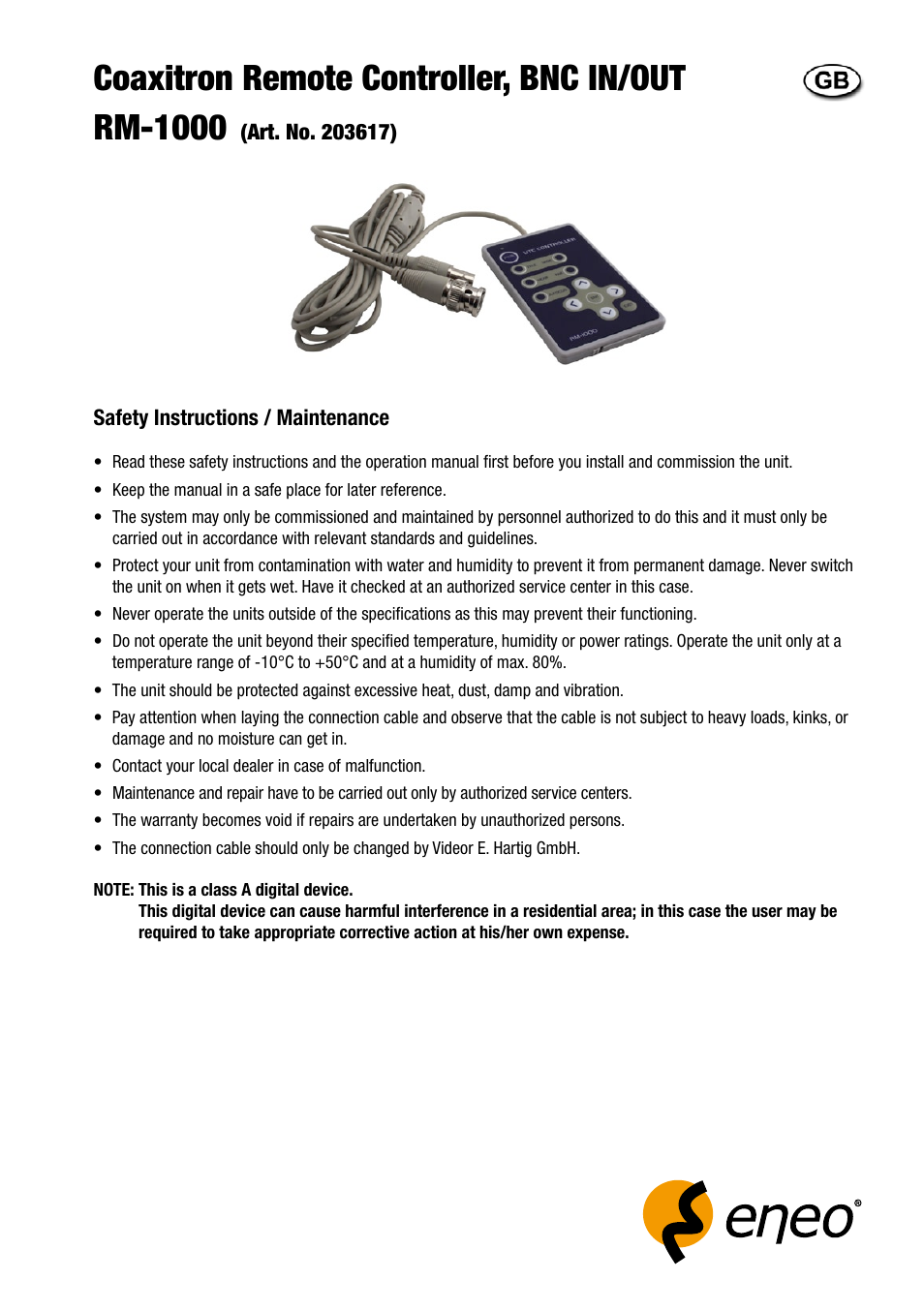 Coaxitron remote controller, bnc in/out rm-1000 | Eneo RM-1000 User Manual | Page 3 / 8