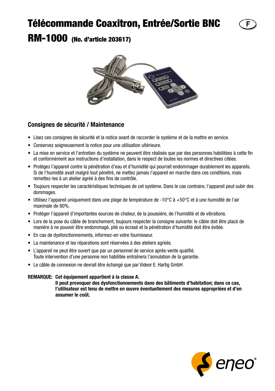 Télécommande coaxitron, entrée/sortie bnc rm-1000 | Eneo RM-1000 User Manual | Page 5 / 8