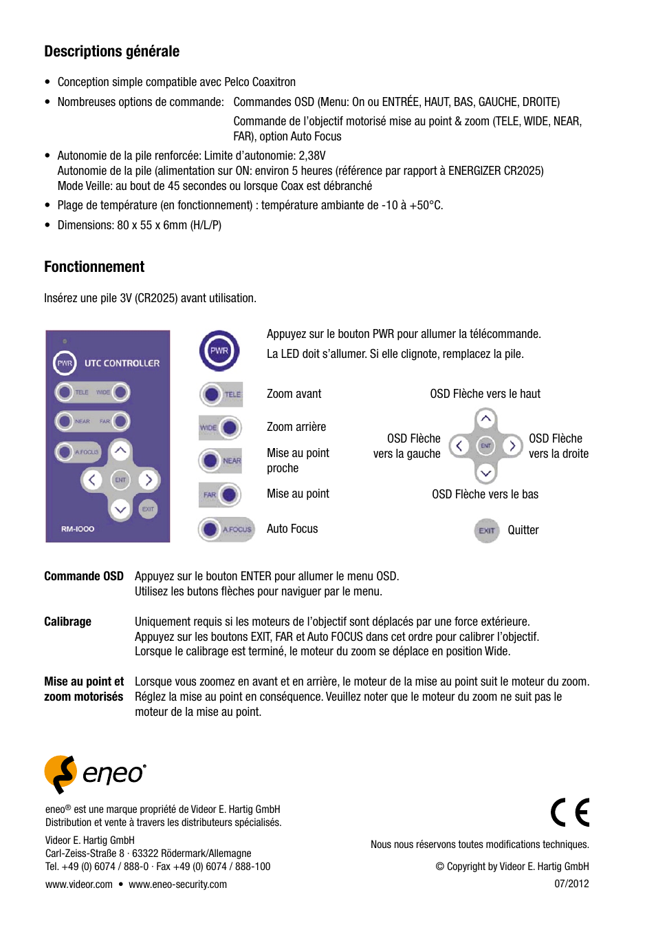 Descriptions générale, Fonctionnement | Eneo RM-1000 User Manual | Page 6 / 8