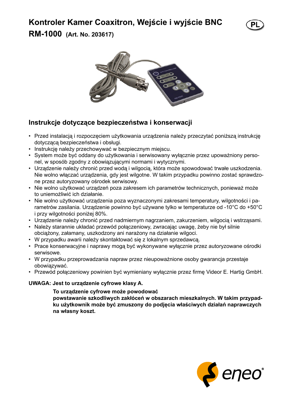 Instrukcje dotyczące bezpieczeństwa i konserwacji | Eneo RM-1000 User Manual | Page 7 / 8