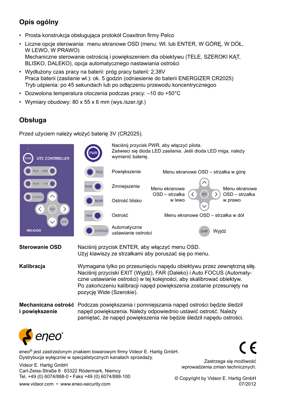 Opis ogólny, Obsługa | Eneo RM-1000 User Manual | Page 8 / 8