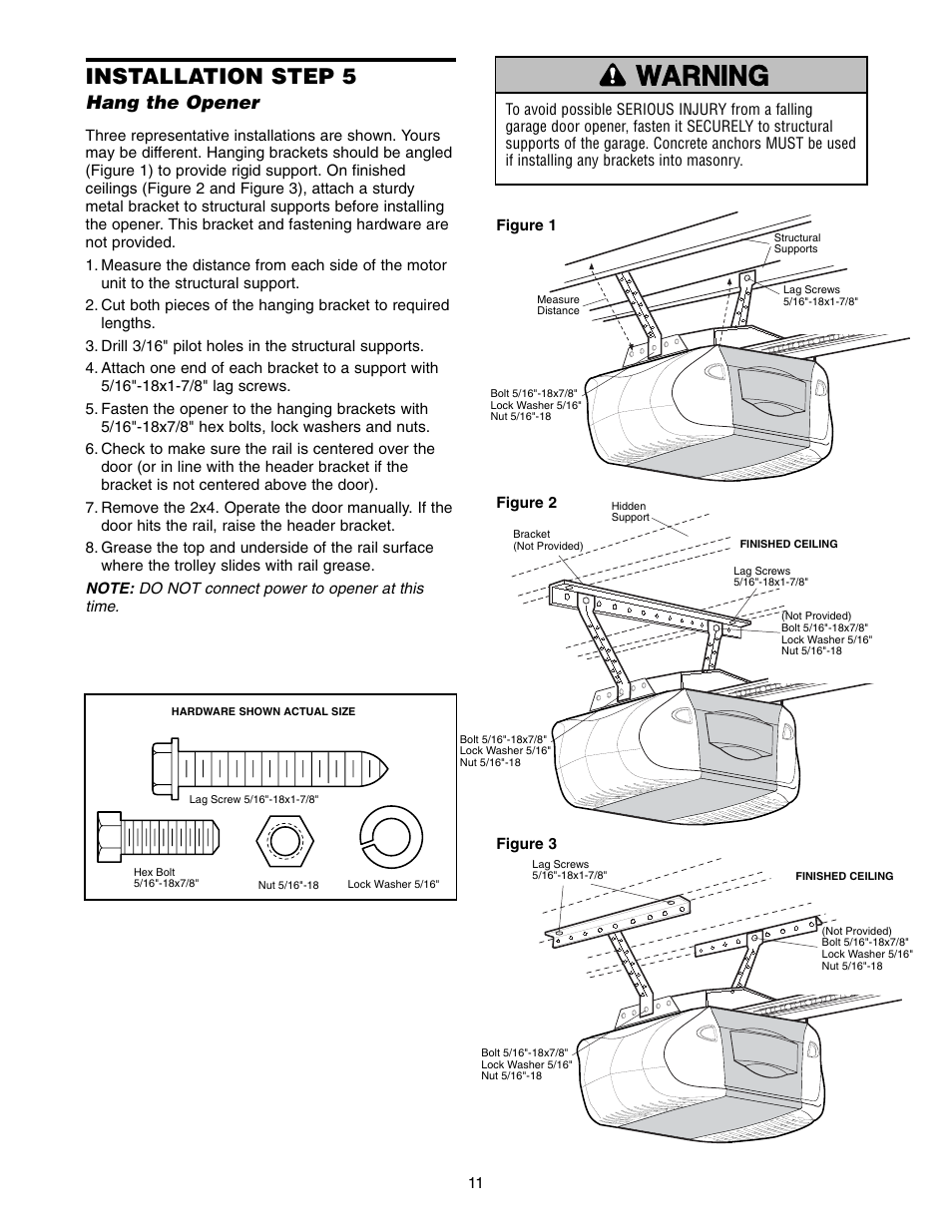 Step 5 hang the opener, Warning caution warning warning, Installation step 5 | Hang the opener | Chamberlain 3595LM User Manual | Page 11 / 32