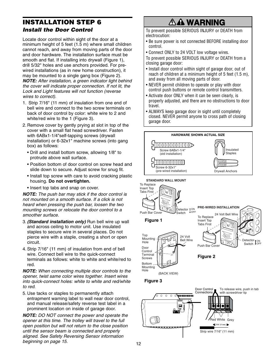 Step 6 install the door control, Warning caution warning warning, Installation step 6 | Install the door control | Chamberlain 3595LM User Manual | Page 12 / 32