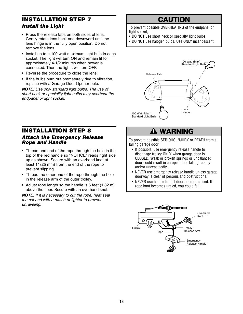 Step 7 install the light, Warning caution warning warning, Installation step 7 | Installation step 8 | Chamberlain 3595LM User Manual | Page 13 / 32