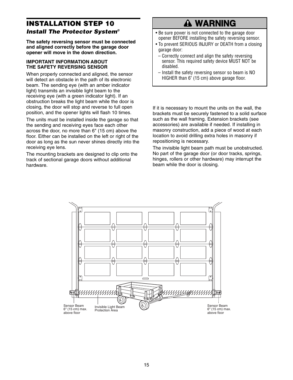 Step 10 install the protector system, Warning caution warning warning, Installation step 10 | Chamberlain 3595LM User Manual | Page 15 / 32