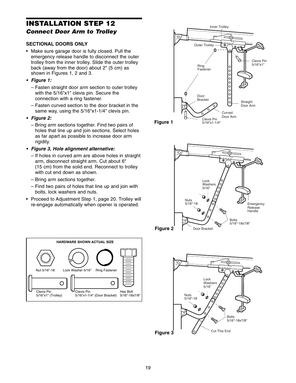 Step 12 connect door arm to trolley, Installation step 12, Connect door arm to trolley | Chamberlain 3595LM User Manual | Page 19 / 32