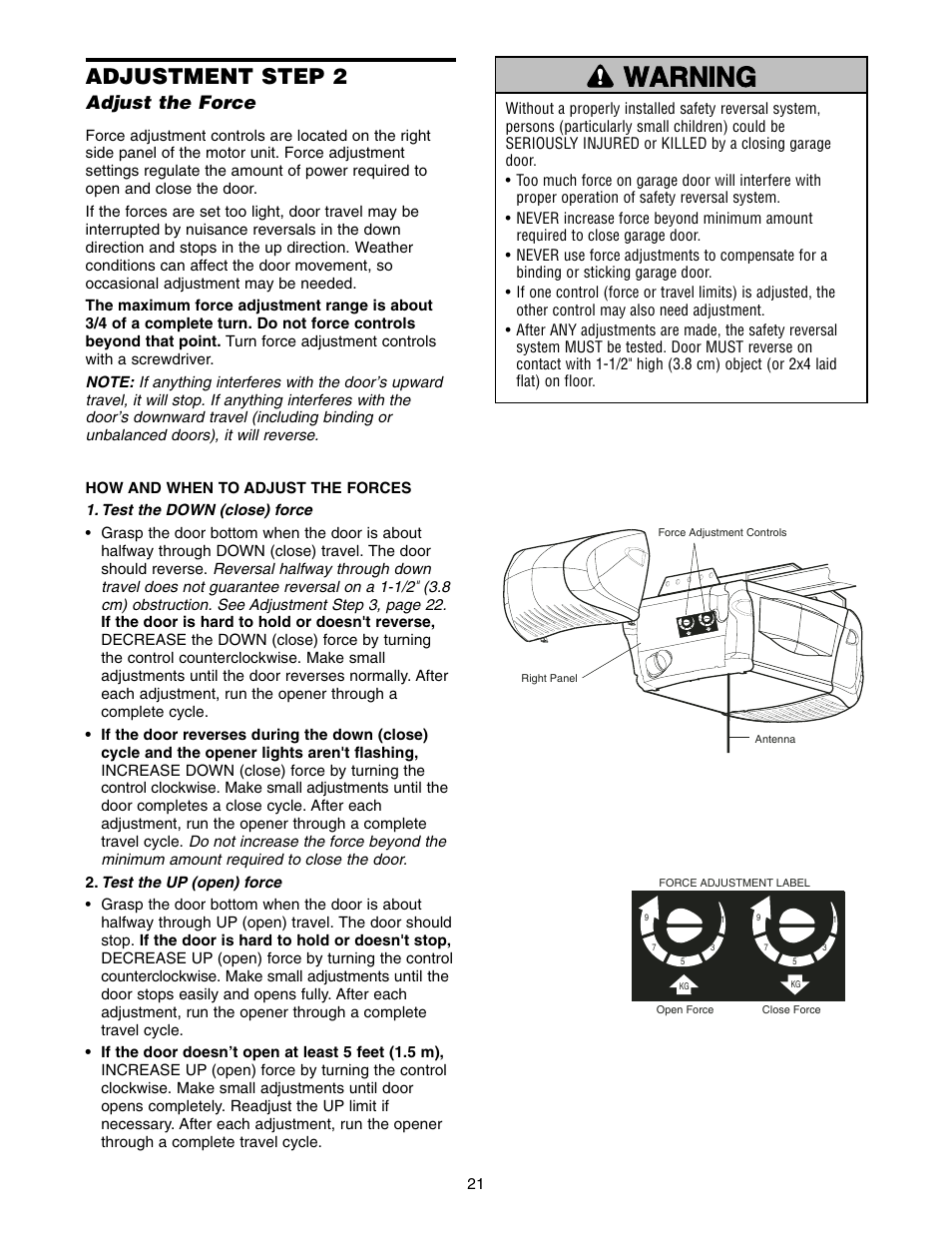 Step 2 adjust the force, Warning caution warning warning, Adjustment step 2 | Adjust the force | Chamberlain 3595LM User Manual | Page 21 / 32