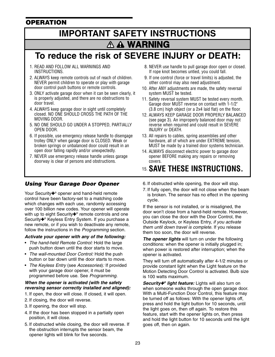 Operation, Using your garage door opener, Save these instructions | Chamberlain 3595LM User Manual | Page 23 / 32
