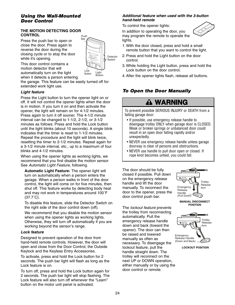 Using the wall-mounted door control, To open the door manually, Warning caution warning warning | Chamberlain 3595LM User Manual | Page 24 / 32
