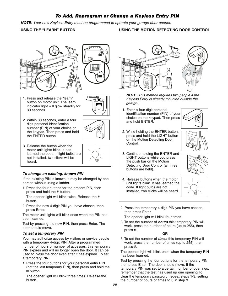 To add, reprogram or change a keyless entry pin | Chamberlain 3595LM User Manual | Page 28 / 32