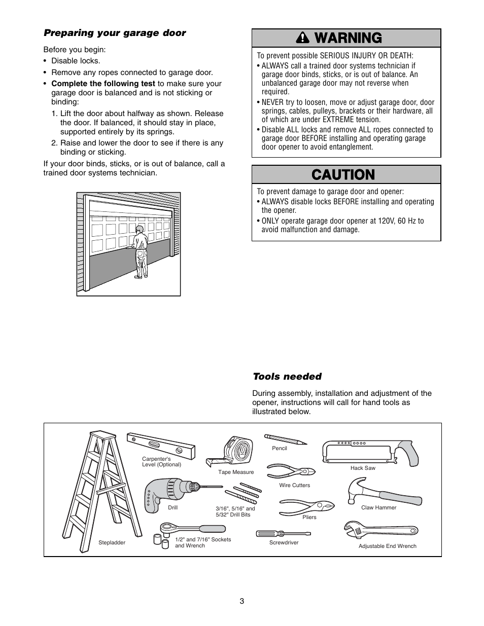 Preparing your garage door, Tools needed | Chamberlain 3595LM User Manual | Page 3 / 32