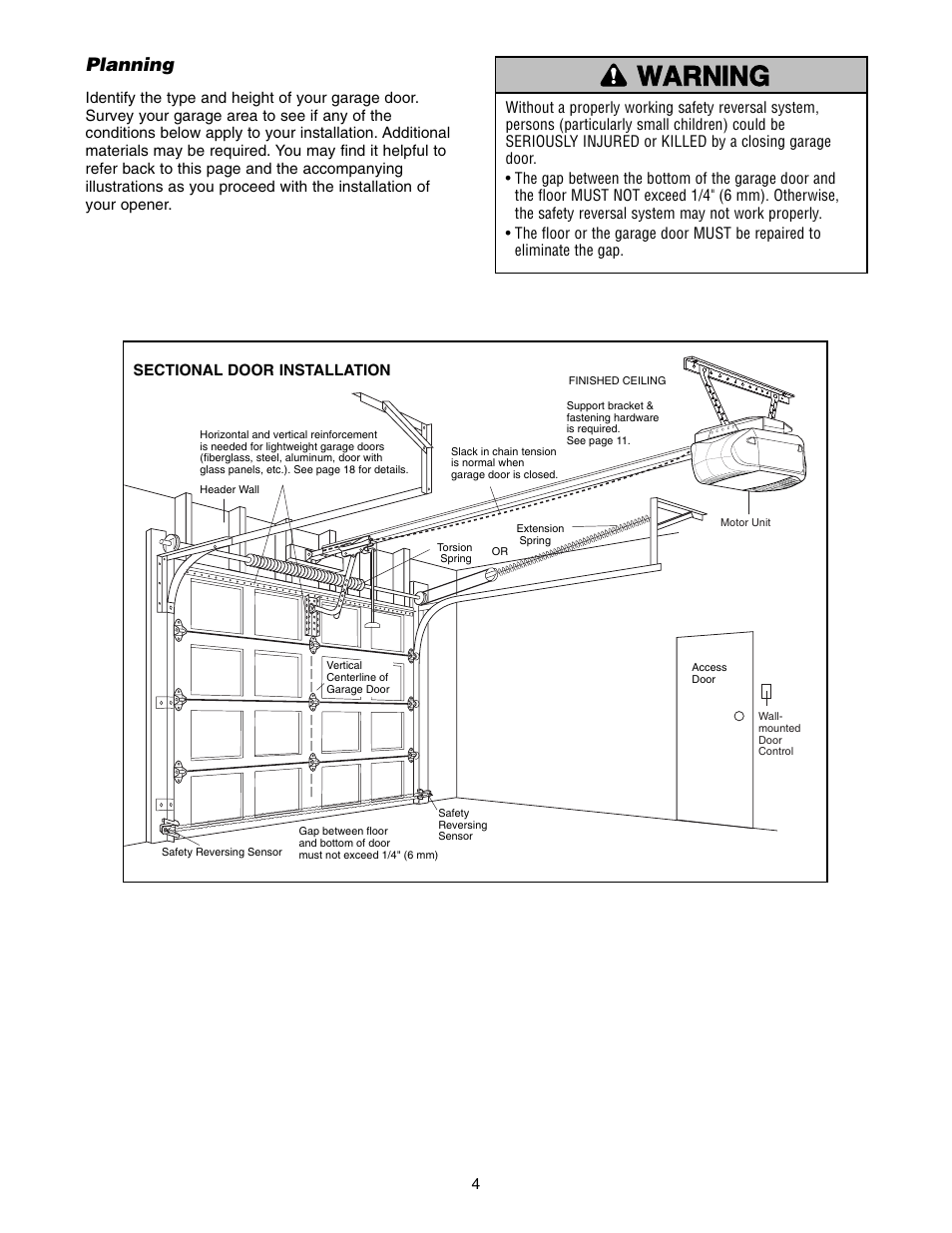 Planning, Warning caution warning warning | Chamberlain 3595LM User Manual | Page 4 / 32