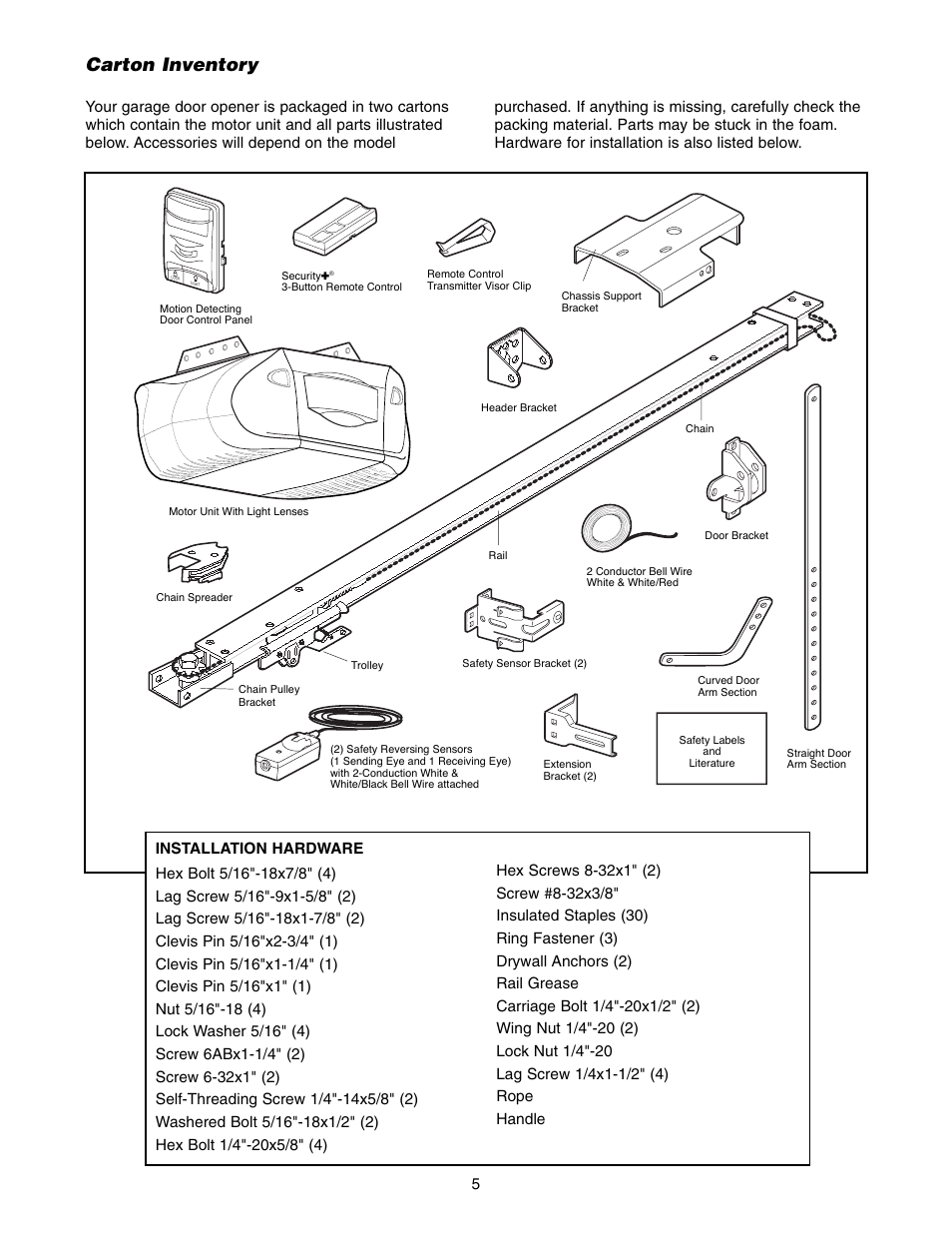 Carton inventory | Chamberlain 3595LM User Manual | Page 5 / 32