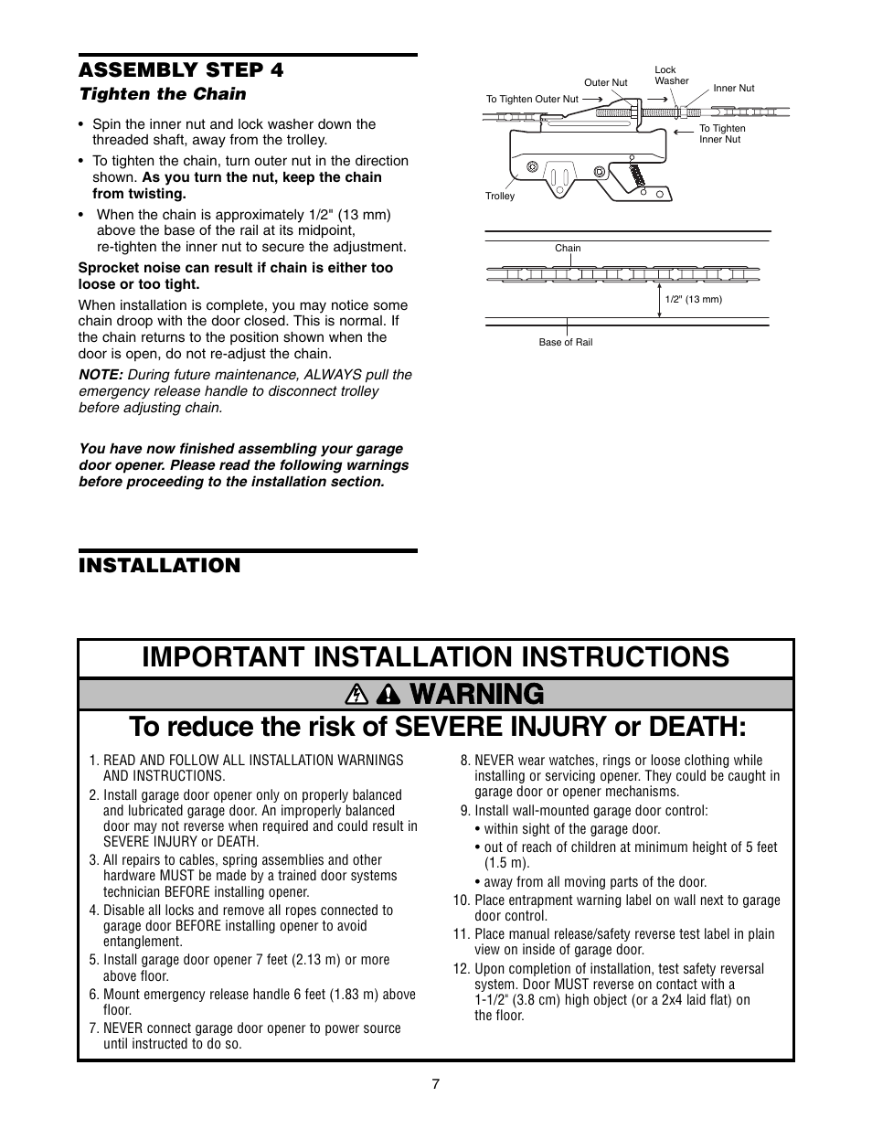 Step 4 tighten the chain, Installation, Assembly step 4 | Chamberlain 3595LM User Manual | Page 7 / 32