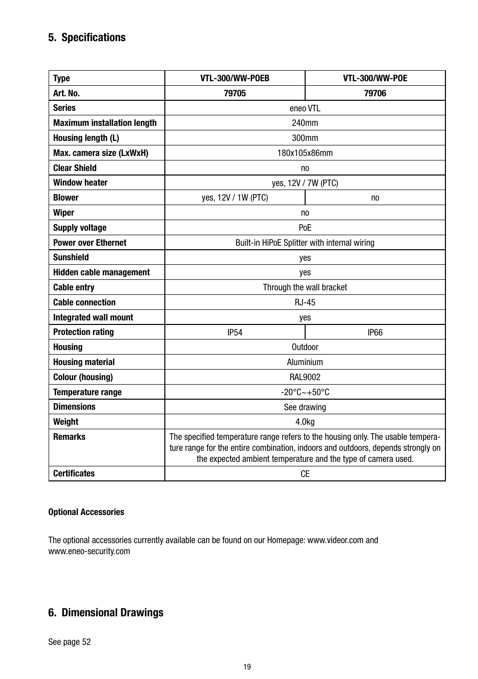Specifications, Dimensional drawings | Eneo VTL-300/WW-POEB User Manual | Page 19 / 56