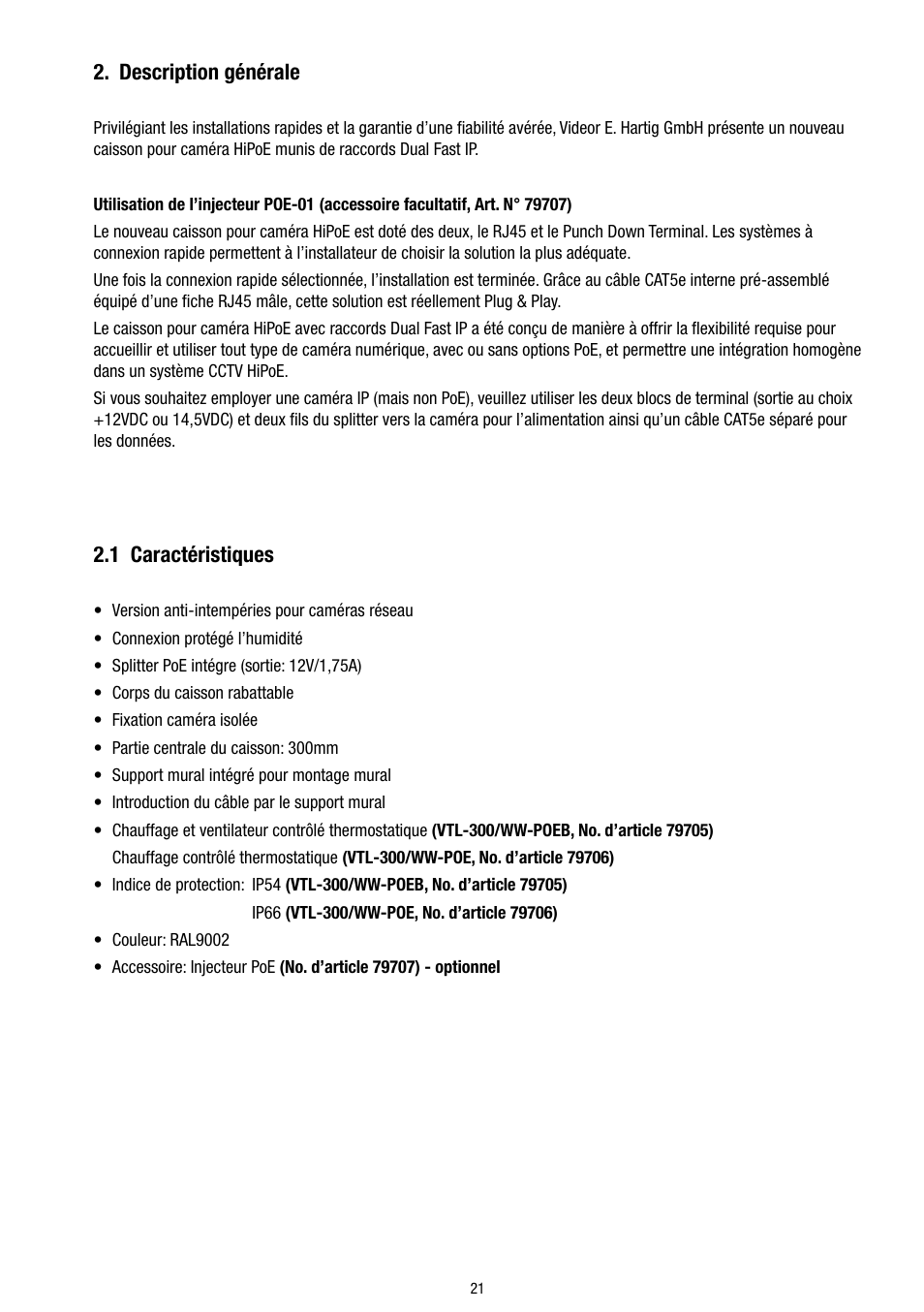 Description générale, 1 caractéristiques | Eneo VTL-300/WW-POEB User Manual | Page 21 / 56