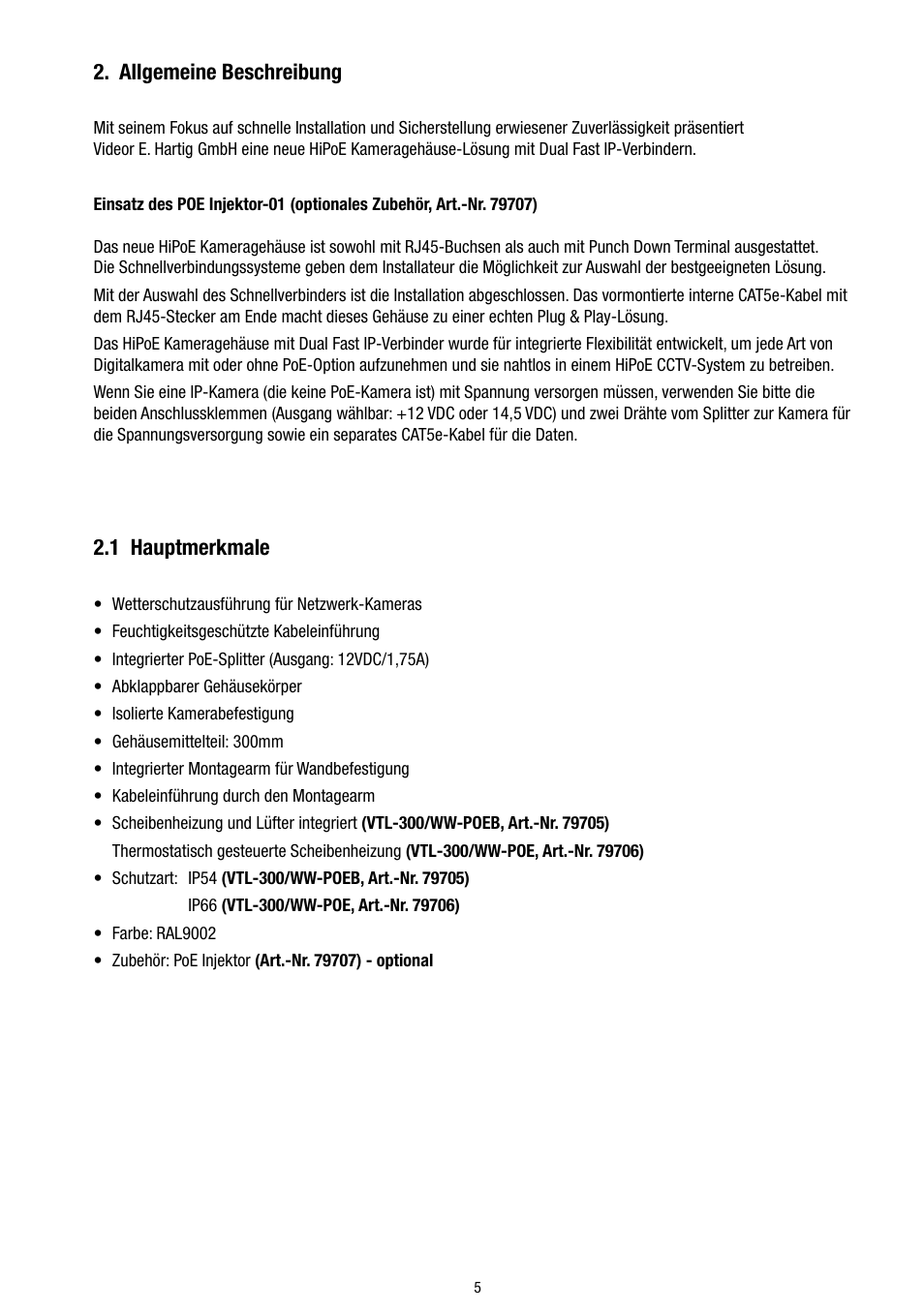 Allgemeine beschreibung, 1 hauptmerkmale | Eneo VTL-300/WW-POEB User Manual | Page 5 / 56