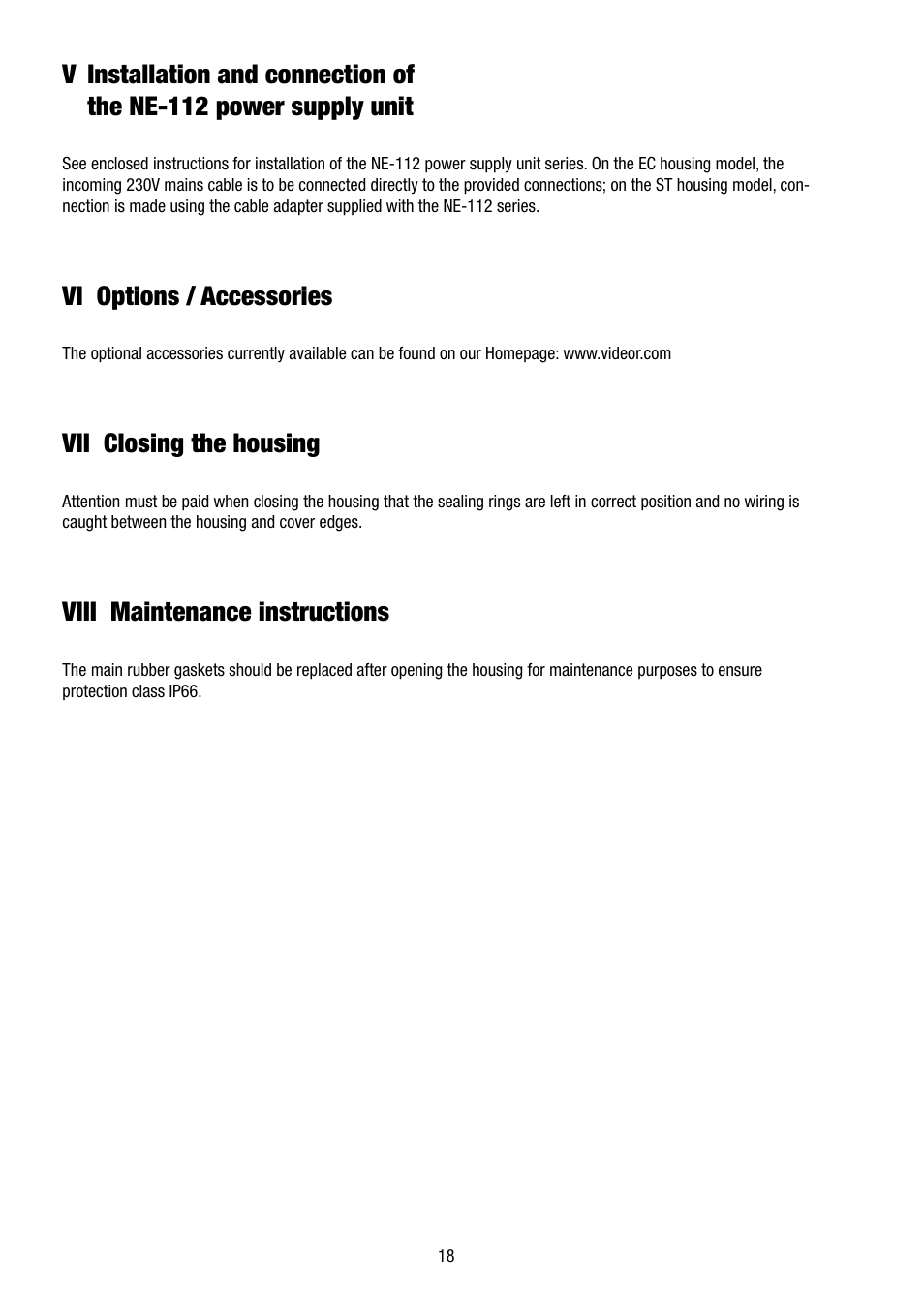 Vi options / accessories, Vii closing the housing, Viii maintenance instructions | Eneo VHM/ECLKA-W User Manual | Page 18 / 40