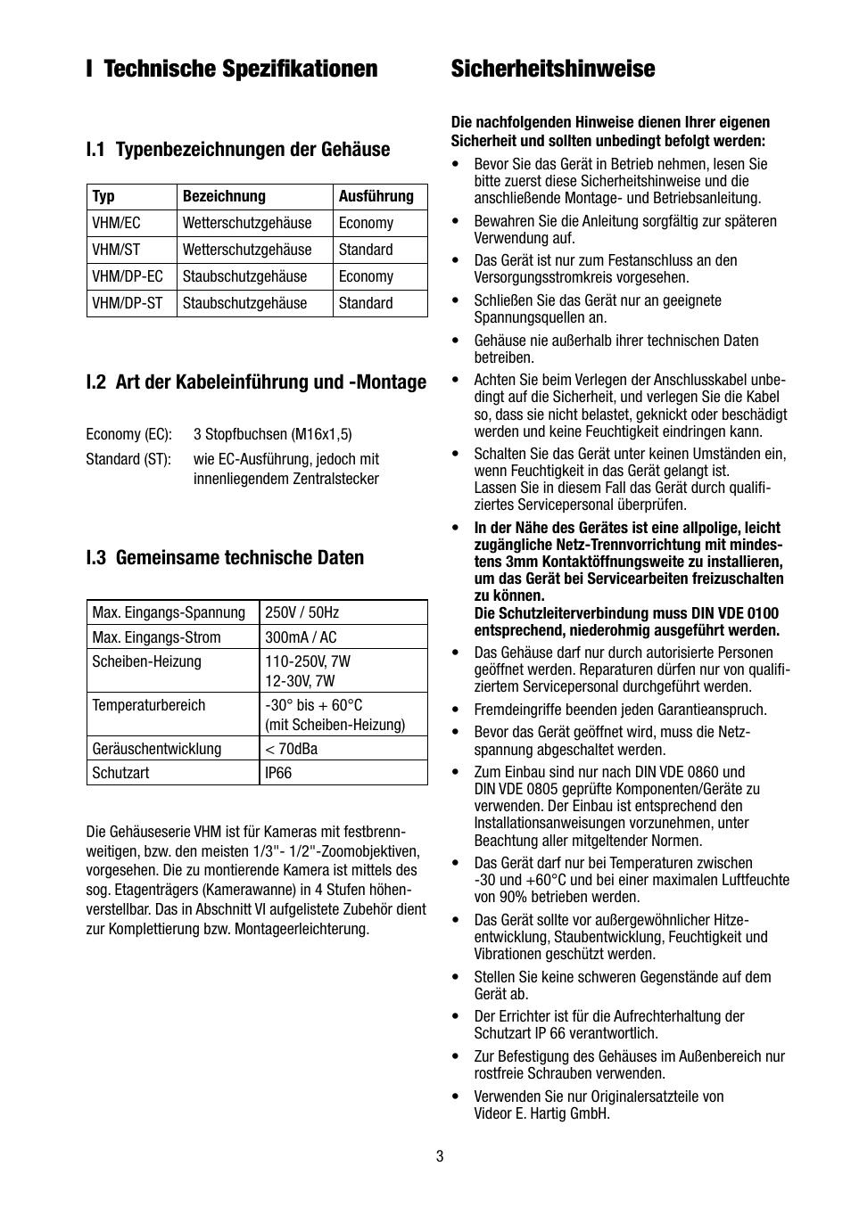 I technische spezifikationen, Sicherheitshinweise, I.2 art der kabeleinführung und -montage | I.3 gemeinsame technische daten, I.1 typenbezeichnungen der gehäuse | Eneo VHM/ECLKA-W User Manual | Page 3 / 40