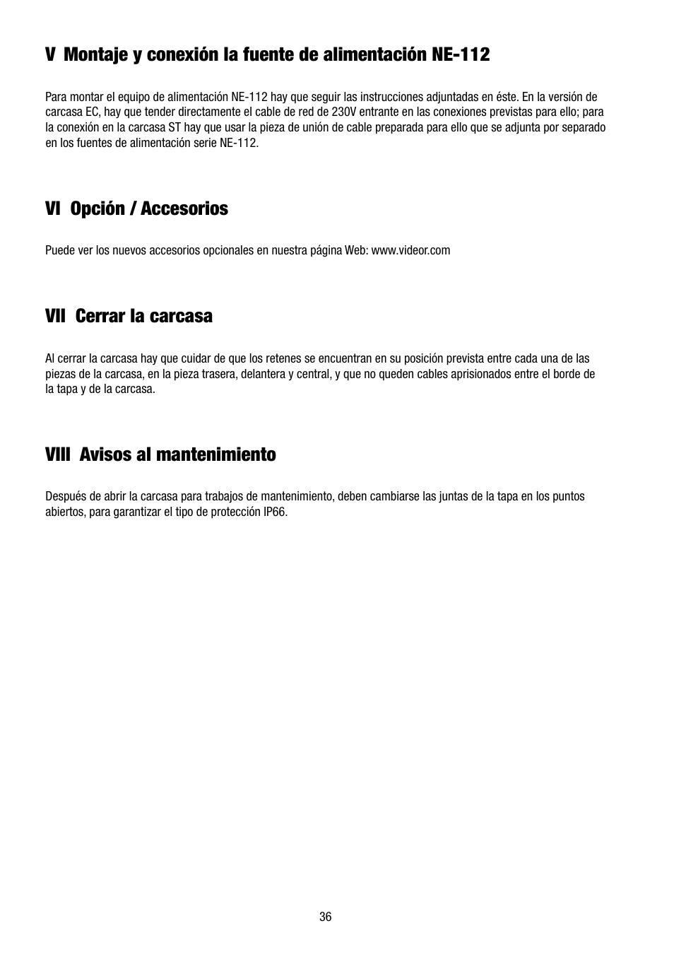Vi opción / accesorios, Vii cerrar la carcasa, Viii avisos al mantenimiento | Eneo VHM/ECLKA-W User Manual | Page 36 / 40