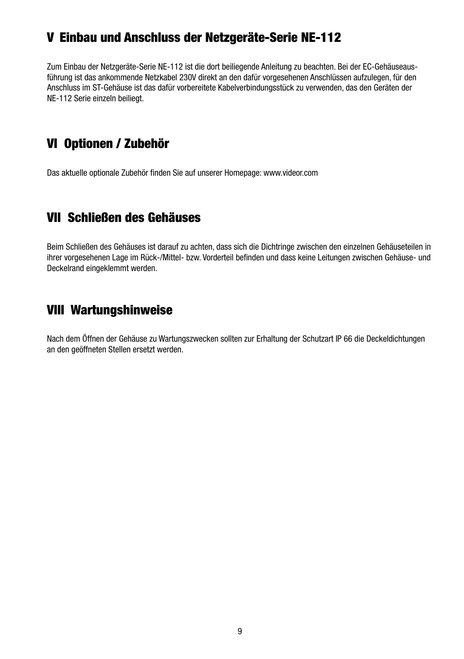 V einbau und anschluss der netzgeräte-serie ne-112, Vi optionen / zubehör, Vii schließen des gehäuses | Viii wartungshinweise | Eneo VHM/ECLKA-W User Manual | Page 9 / 40