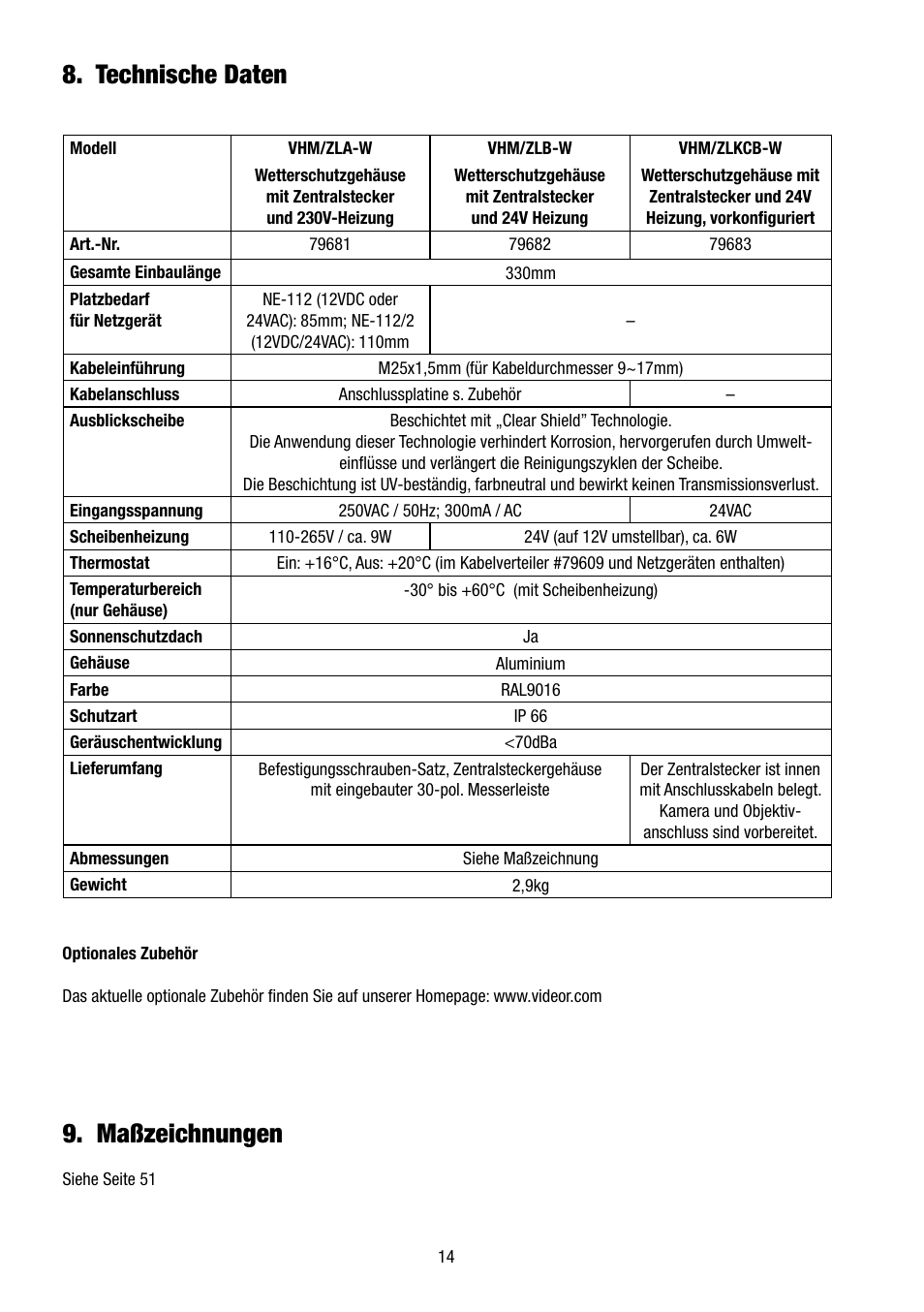 Technische daten, Maßzeichnungen | Eneo VHM/ZLB-W User Manual | Page 14 / 52