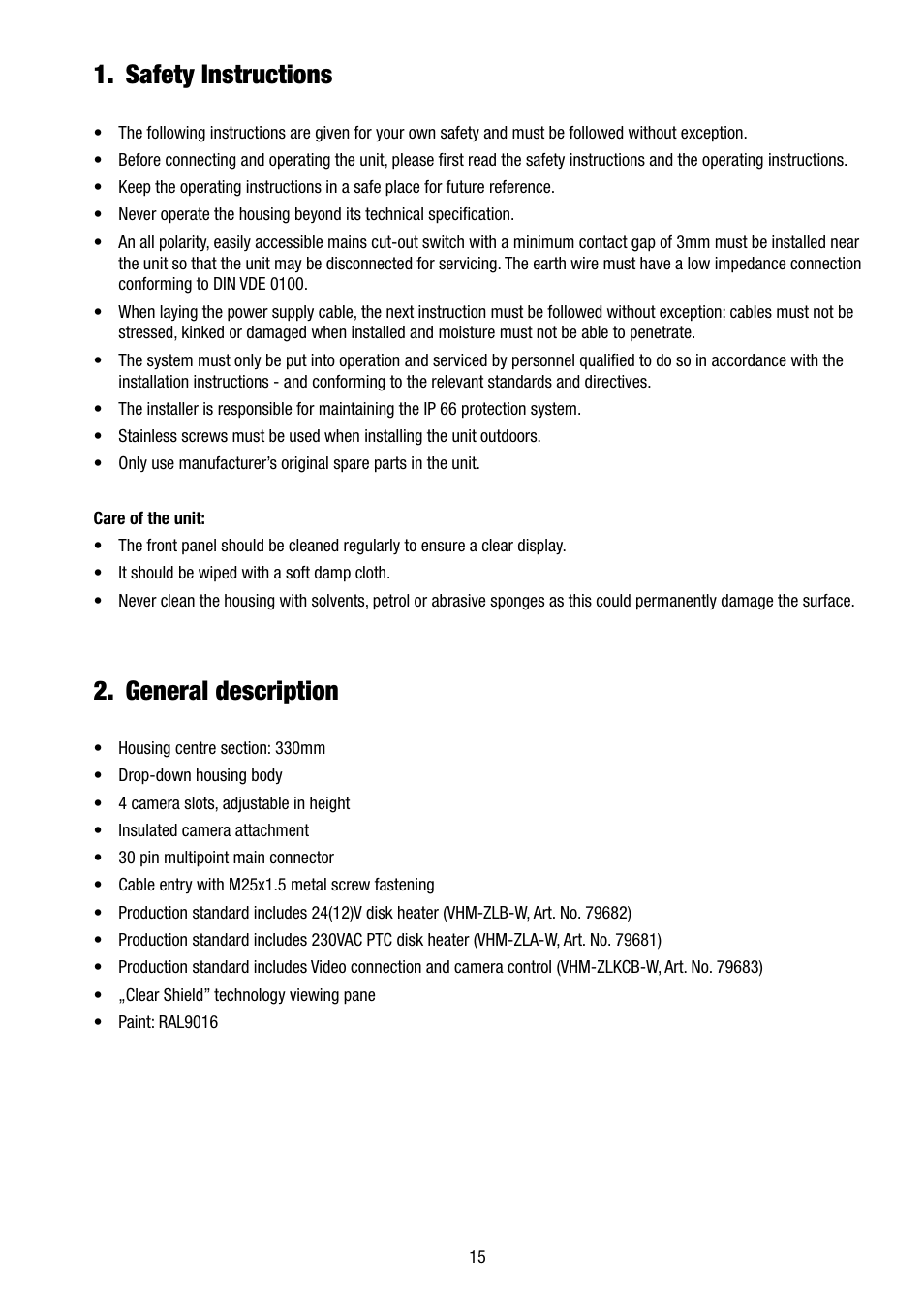 Safety instructions, General description | Eneo VHM/ZLB-W User Manual | Page 15 / 52
