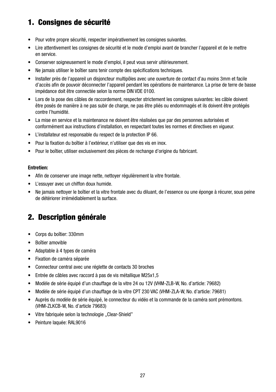 Consignes de sécurité, Description générale | Eneo VHM/ZLB-W User Manual | Page 27 / 52