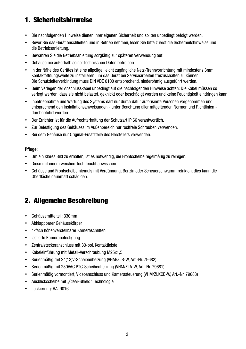 Sicherheitshinweise, Allgemeine beschreibung | Eneo VHM/ZLB-W User Manual | Page 3 / 52