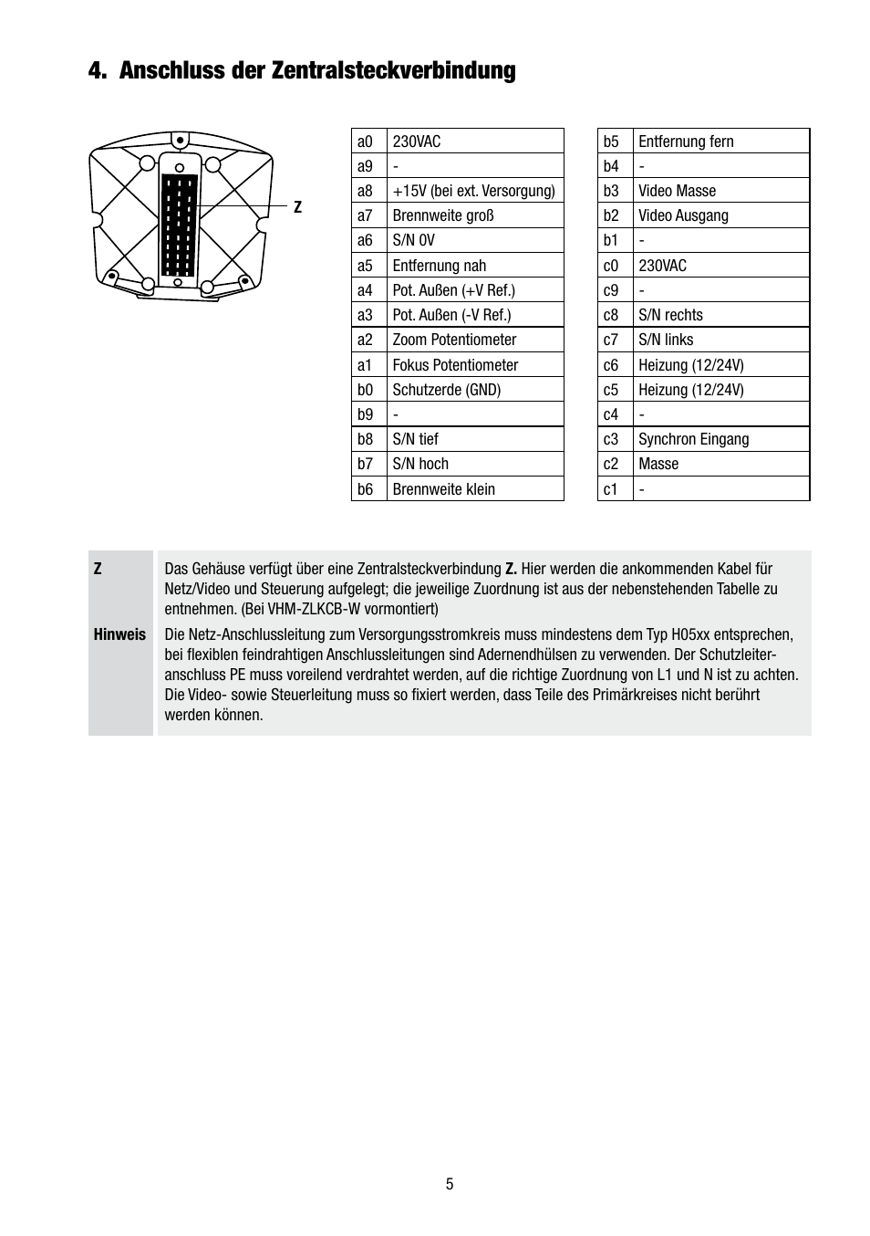 Anschluss der zentralsteckverbindung | Eneo VHM/ZLB-W User Manual | Page 5 / 52