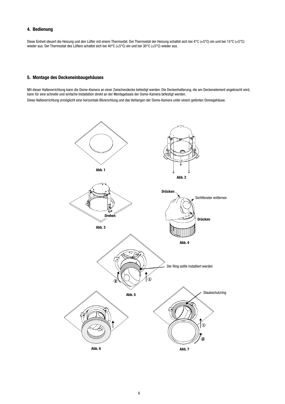 Montage des deckeneinbaugehäuses, Bedienung | Eneo EDC-IDFSW User Manual | Page 6 / 32