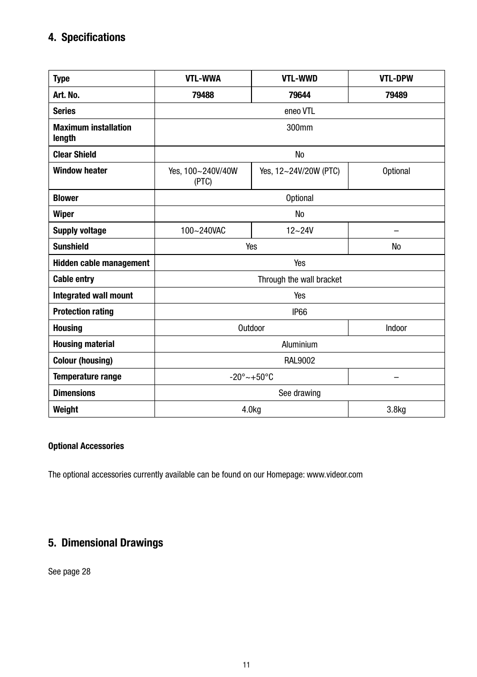 Specifications, Dimensional drawings | Eneo VTL-WWD User Manual | Page 11 / 32
