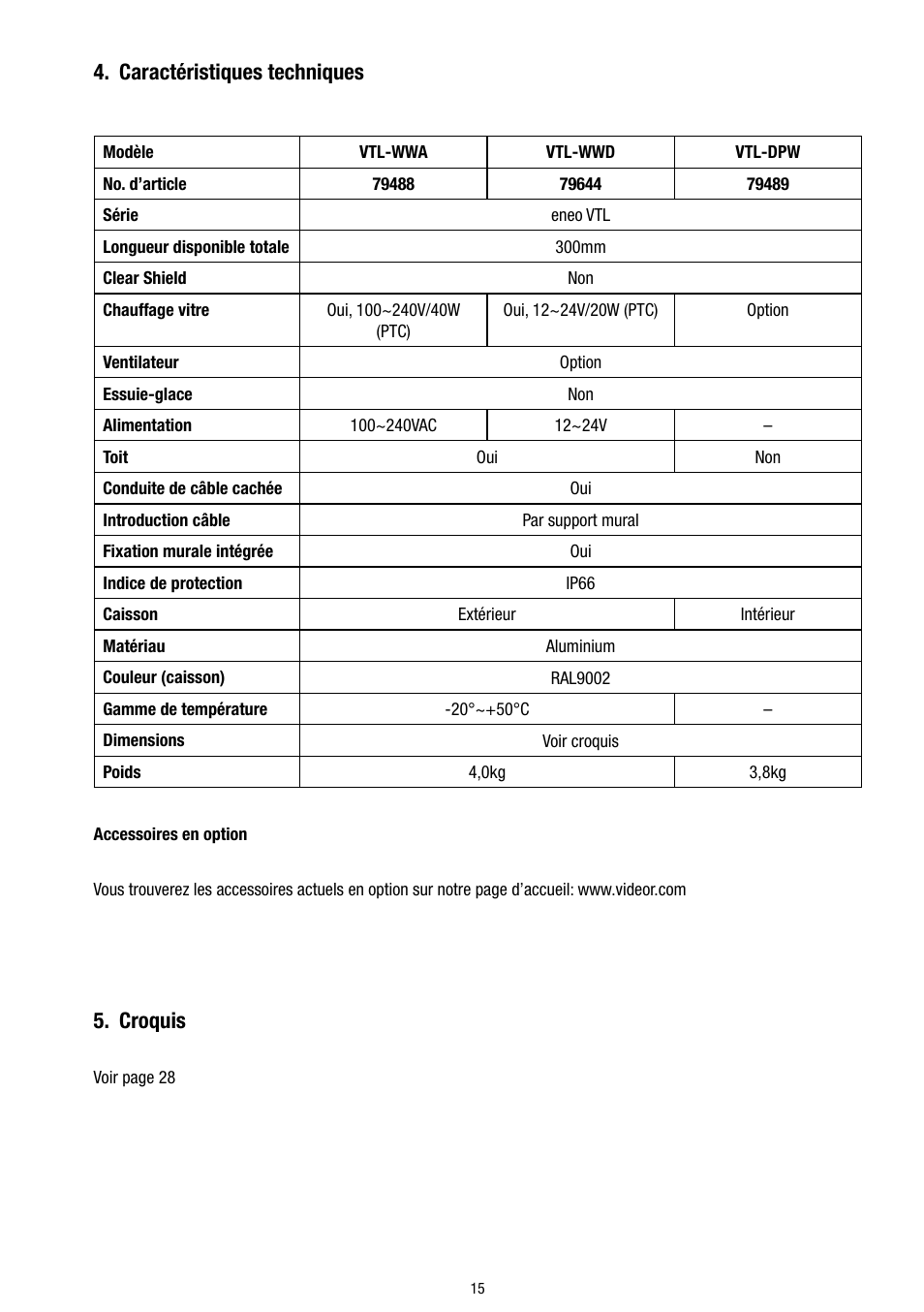 Caractéristiques techniques, Croquis | Eneo VTL-WWD User Manual | Page 15 / 32