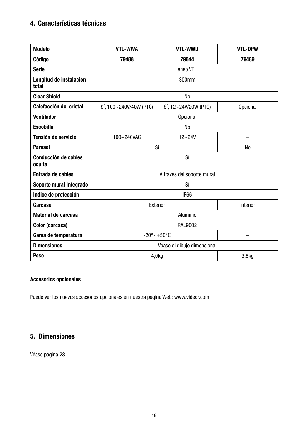 Dimensiones, Características técnicas | Eneo VTL-WWD User Manual | Page 19 / 32