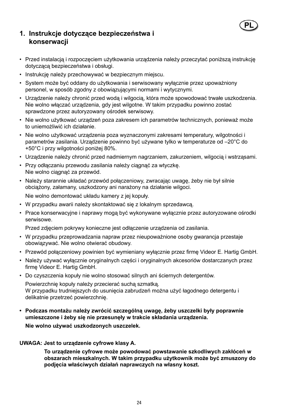 Instrukcje dotyczące bezpieczeństwa i konserwacji | Eneo VTL-WWD User Manual | Page 24 / 32