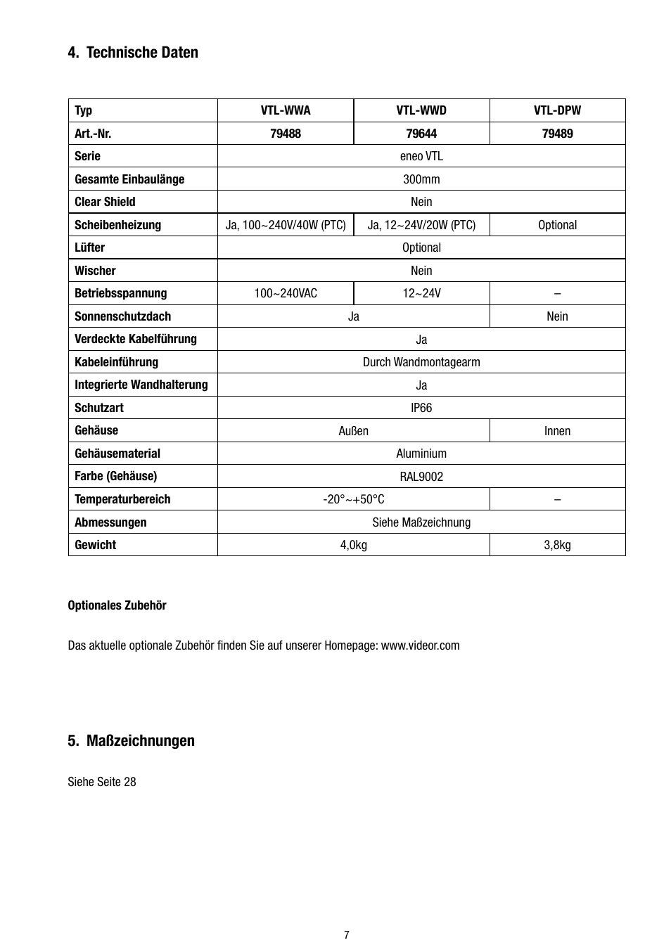Technische daten, Maßzeichnungen | Eneo VTL-WWD User Manual | Page 7 / 32
