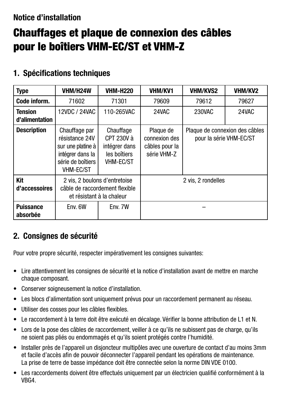 Notice d’installation, Consignes de sécurité, Spécifications techniques | Eneo VHM/KV2 User Manual | Page 11 / 20