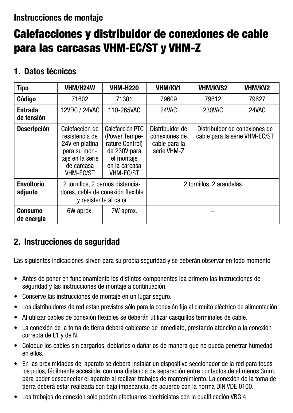 Instrucciones de montaje, Instrucciones de seguridad, Datos técnicos | Eneo VHM/KV2 User Manual | Page 16 / 20