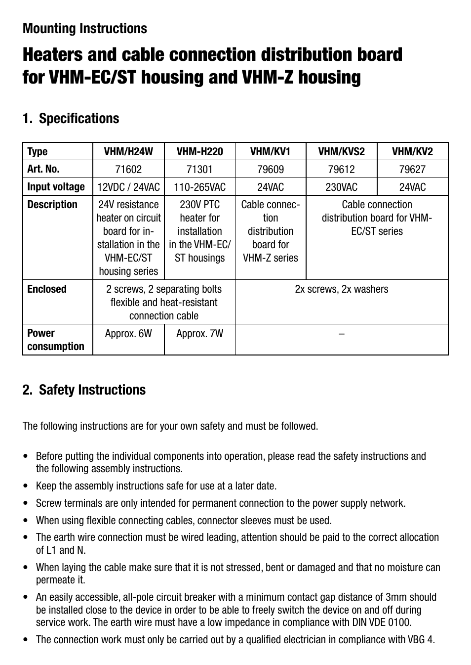 Mounting instructions, Safety instructions, Specifications | Eneo VHM/KV2 User Manual | Page 6 / 20
